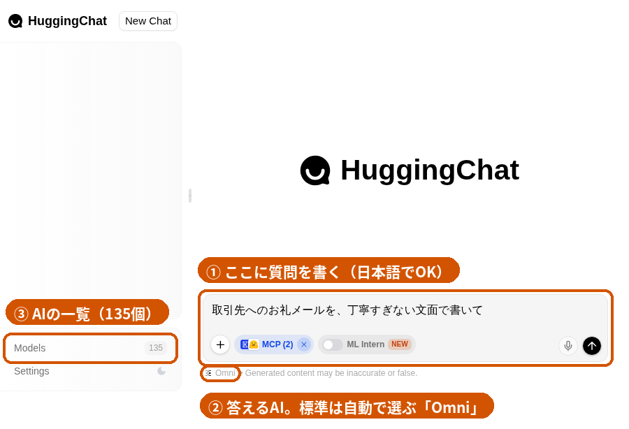 HuggingChatのチャット画面。下の入力欄に質問を書き、入力欄の下に答えるAI（Omni）、左下にAIの一覧（135個）がある